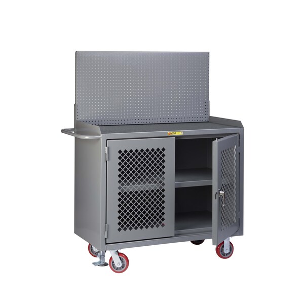 Mobile Bench, 36"W, 2 Perf Doors, Center Shelf, Pegboard, Vinyl Mat